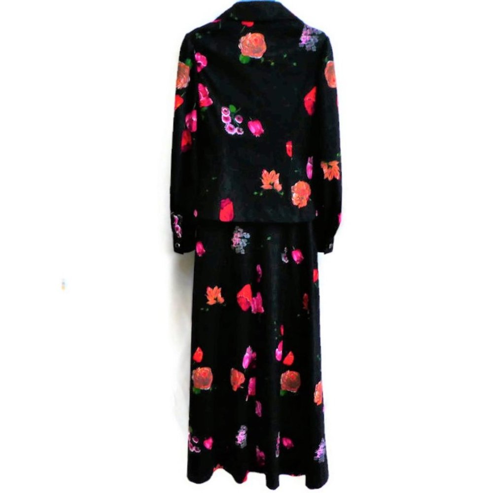 Vintage 70s 2pc Maxi Dress Jacket Suit Set Black Floral Sweetheart V Neck Moody - Picture 8 of 12